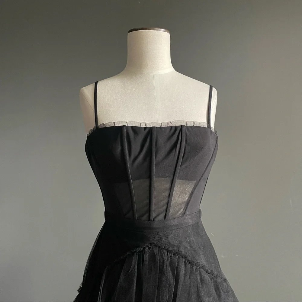 BCBGMaxAzria Black Tiered Tulle Maxi Dress – Sheer Mesh Bodice, Evening Gown - Picture 2 of 8